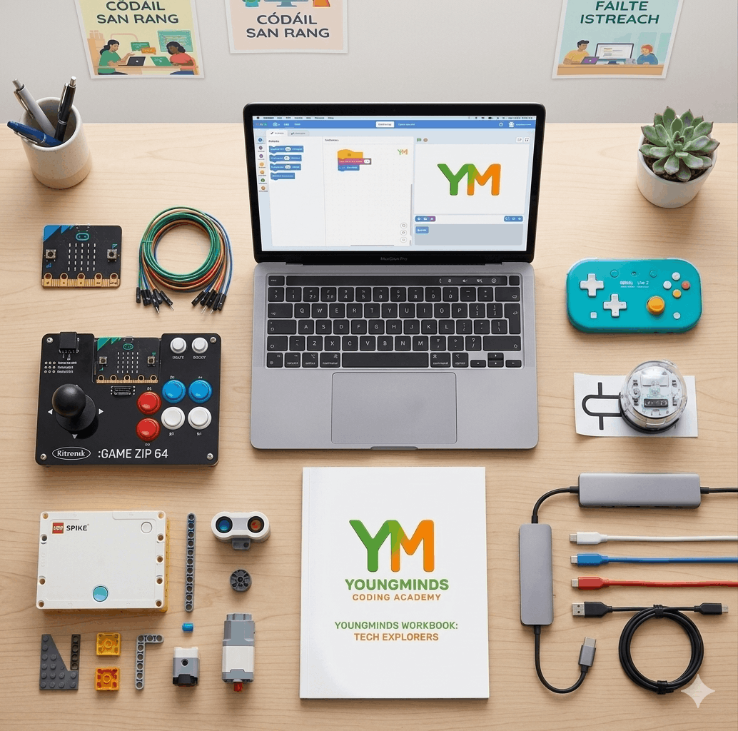 BBC Micro:bits, 8BitDo controllers and robotics kit laid out on a table
