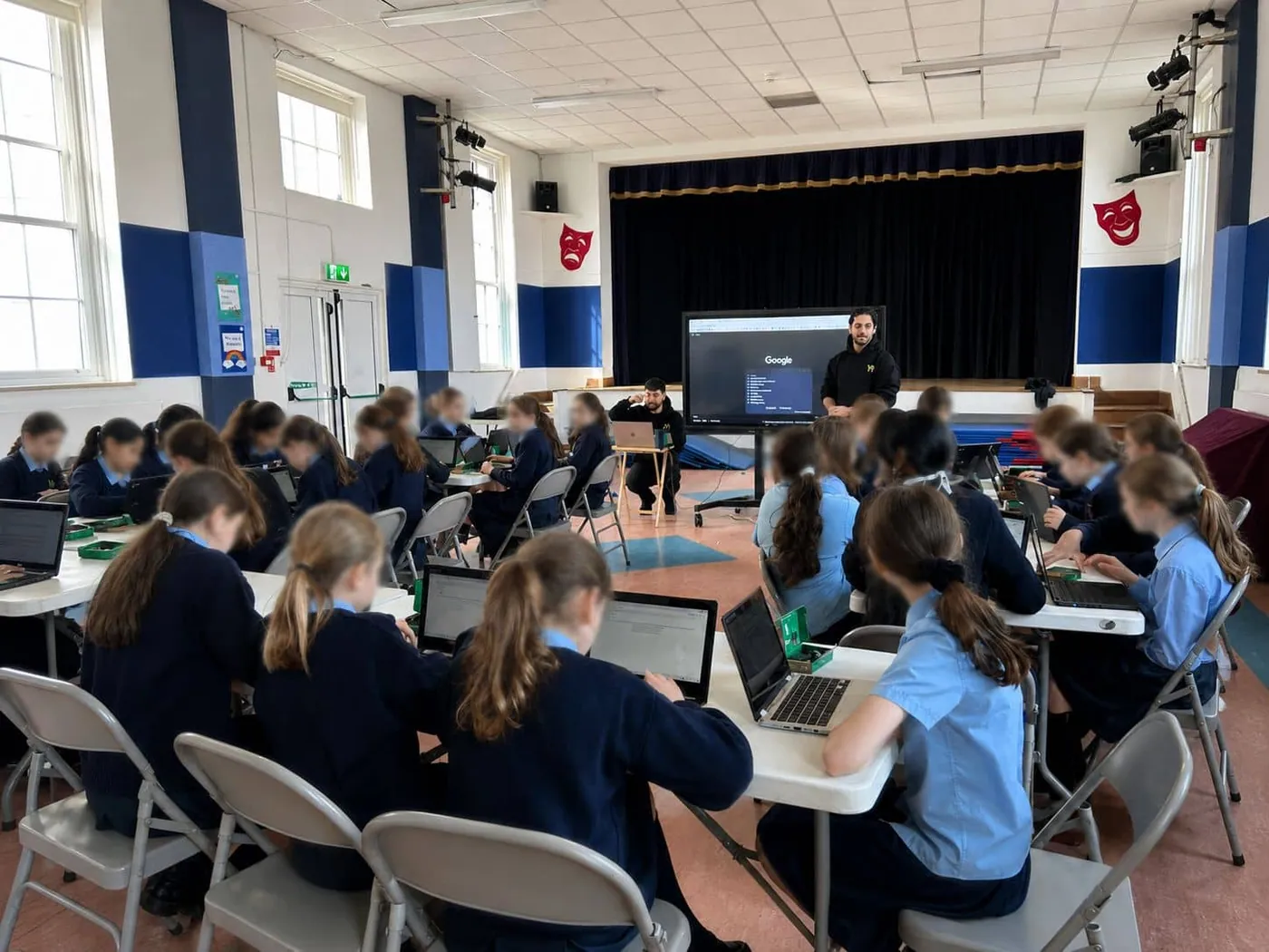 Full YoungMinds classroom session with students on laptops and mentors at the front